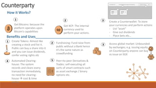 Counterparty
How it Works?
1
Get Bitcoins: because the
platform operates upon
Bitcoin’s capabilities
3 Create a Counterwallet: To store
your currencies and perform actions
- List “asset”
- Give out dividends
- Place bets etc…
2
Get XCP: The internal
currency used to
perform your actions.
Benefits and Uses____________________________________________________________
1 Create Tokens: Almost like
creating a stock and list it.
Public can buy a share into it
and you can issue dividends,
confer voting rights etc
2 Fundraising: Fund raise from
public without a Bank hence
it’s the same nature as
crowdfunding
3 Access global market: Unbounded
by exchanges; e.g. issuing equity
on Counterparty anyone can buy
vs issue on SGX
4 Automated Clearing-
house: The system
records and clears every
transaction immediately,
no need for clearing-
house  cost & time
saving
5 Peer=to-peer Derivatives &
Trades: self-executing all
sorts of smart contracts such
as asset exchange / binary
options etc.
 