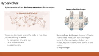 Hyperledger
A platform that allows Real time settlement of transactions
Values can be moved across the globe in real-time
just like sending an email.
- No transaction time and fees
- Little settlement risk
- Increase liquidity
Decentralised Settlement: Instead of having
a centralised institution hold the ledgers
(records of account value), ledgers are
shared, replicated to multiple parties in the
system
 Hyperledger
Decentralised Settlement
 