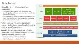 8
Final Points
Key objective is value creation or
production
◦ Specific linkage between user actions and the
resulting effects of those actions on the overall value
to the organization
◦ Value growth via internal capital appreciation in the
form of cryptocurrency or cryptographically secure
tokenization of some sort
Like a start up - Requires a product/
market fit, business model realization and
a lot of users/ customers
Blockchain and cryptocurrency-based
protocols and platforms are just enablers
for the consensus mechanism
◦ General Purpose – Ethereum, Bitcoin
◦ Specific Purpose – La’Zooz, Maidsafe
 