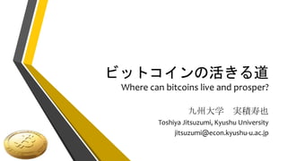 ビットコインの活きる道
Where can bitcoins live and prosper?
九州大学 実積寿也
Toshiya Jitsuzumi, Kyushu University
jitsuzumi@econ.kyushu-u.ac...