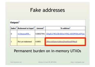 Fake addresses
Coin Sciences Ltd Metadata in the Blockchain http://coinspark.org/
Permanent burden on unspent output list
 