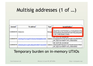 Multisig addresses (1 of …)
Coin Sciences Ltd Metadata in the Blockchain http://coinspark.org/
Temporary burden on unspent...