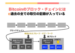 Bitcoinのブロック・チェインには
p 過去の全ての取引の記録が入っている
直前ブロック
のHash	
新ブロック
発見されたプルーフ・オブ・ワーク
nonce	
...	
 取引	
ブロックチェイン
取引	
 取引	
直前ブロック
のHash	
...	
新取引	
新取引	
 新取引	
25BTC
 
