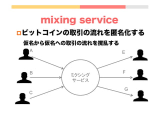 mixing service
p ビットコインの取引の流れを匿名化する
仮名から仮名への取引の流れを撹乱する
ミクシング
サービス	
A	
B	
C	
E	
F	
G	
 
