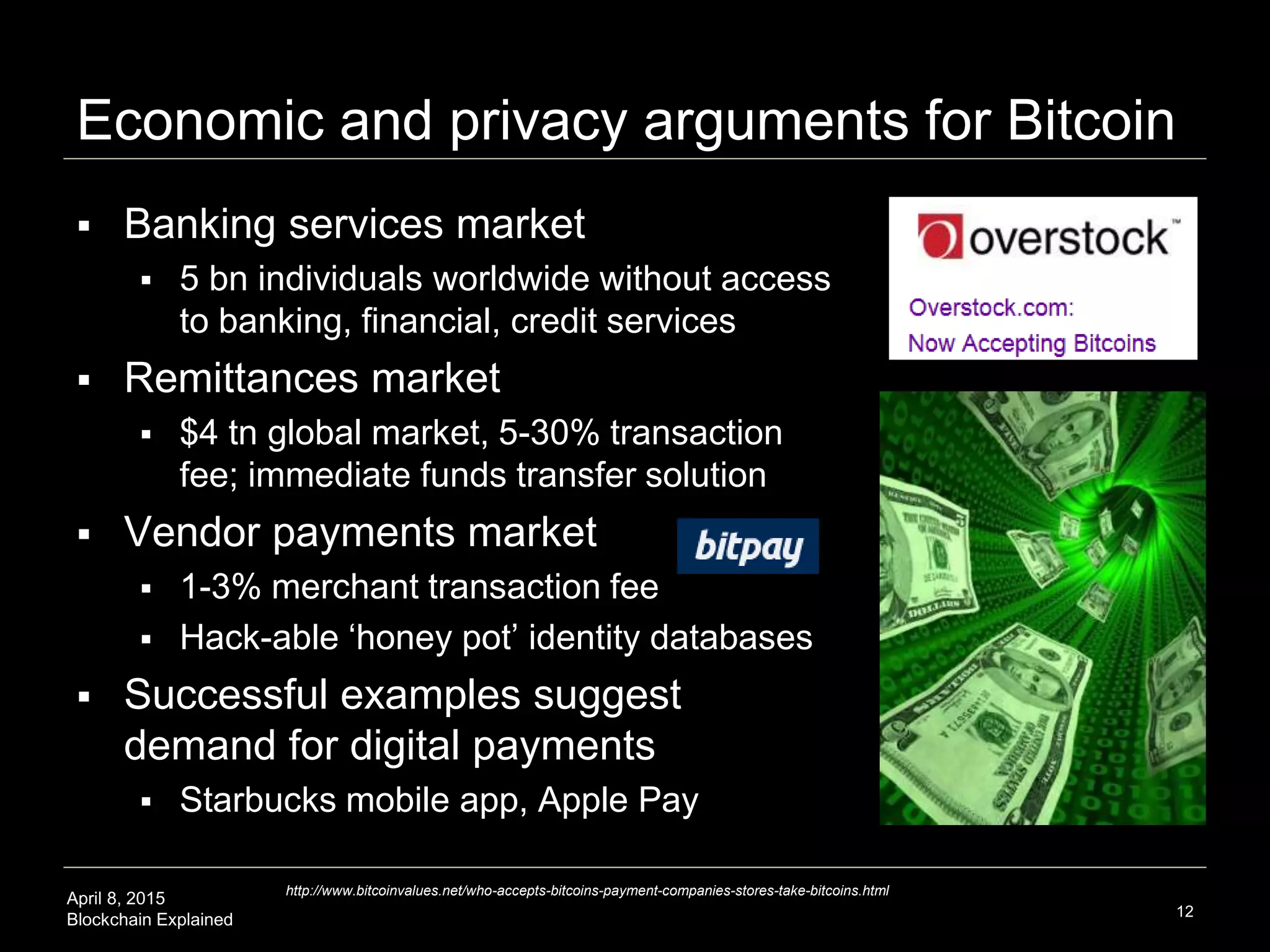 April 8, 2015
Blockchain Explained
How robust is the network?
12
https://getaddr.bitnodes.io/
 6441 Global Nodes running full Bitcoind (April 2015)
 