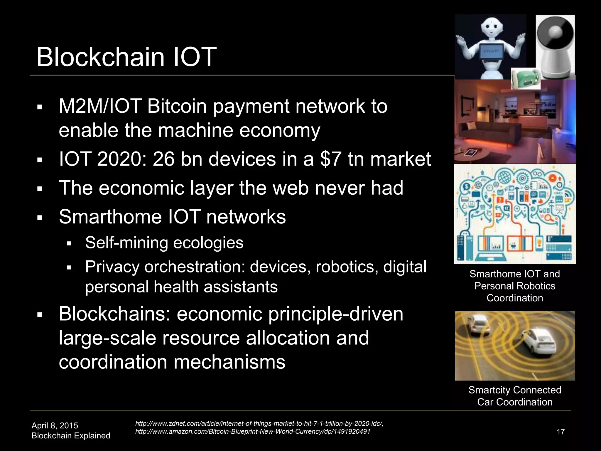 April 8, 2015
Blockchain Explained
Decentralized Application (Dapp) Ecosystem
17
http://www.amazon.com/Bitcoin-Blueprint-New-World-Currency/dp/1491920491
Project Name and
URL
Activity Centralized
Equivalent
OpenBazaar
https://openbazaar.org
Buy/sell items locally Craigslist
LaZooz
http://lazooz.org
On-demand ride service Uber, Lyft
Twister
http://twister.net.co
Social networking, peer-to-peer
microblogging
Twitter, Facebook
Gems
http://getgems.org
Social networking, private token-
based social messaging
Twitter, SMS apps
Bitmessage
https://bitmessage.org
Secure messaging (individual or
broadcast)
SMS services
Storj
http://storj.io/
File storage Dropbox, Google Drive
Onename
https://onename.com/
BitID
https://github.com/bitid/bitid
Bithandle
http://www.hackathon.io/bithandle
Digital identity verification VeriFone, Verisign, Facebook
 
