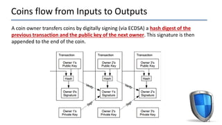 Coins flow from Inputs to Outputs
21
A coin owner transfers coins by digitally signing (via ECDSA) a hash digest of the
previous transaction and the public key of the next owner. This signature is then
appended to the end of the coin.
 