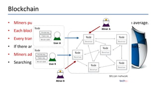 Blockchain
• Miners publish a block of recent transactions every 10 minutes on average.
• Each block is provably related to the previous.
• Every transaction ever is stored in the blockchain.
• If there are disagreements about valid blocks, the blockchain can fork.
• Miners add to the longest good chain.
• Searching the blockchain can reveal interesting things.
 