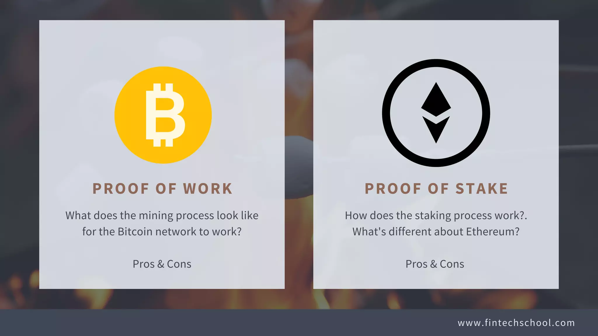 www.fintechschool.com
PROOF OF WORK
What does the mining process look like
for the Bitcoin network to work?
Pros & Cons
PROOF OF STAKE
How does the staking process work?.
What's different about Ethereum?
Pros & Cons
 