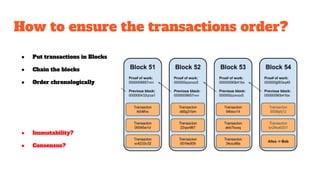 How to ensure the transactions order?
● Put transactions in Blocks
● Chain the blocks
● Order chronologically
● Immutability?
● Consensus?
 