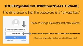 1CC3X2gu58d6wXUWMffpuzN9JAfTUWu4Kj
The difference is that the password is a “private key.”
1CC3X2gu58d6wXUWMffpuzN9JAfTUWu4Kj
5Kb8kLf9zgWQnogidDA76MzPL6TsZZY36hWXMssSzNydYXYB9KFPRIVATE KEY
These 2 strings are mathematically related.
(Example private key pulled from the Bitcoin wiki)
 