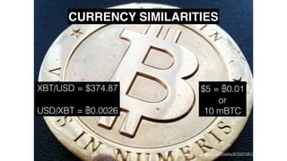 CURRENCY SIMILARITIES
XBT/USD = $374.87
USD/XBT = ฿0.0026
$5 = ฿0.01
or
10 mBTC
https://www.ﬂickr.com/photos/zcopley/8753275612
 