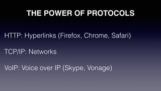 THE POWER OF PROTOCOLS
HTTP: Hyperlinks (Firefox, Chrome, Safari)
TCP/IP: Networks
VoIP: Voice over IP (Skype, Vonage)
 