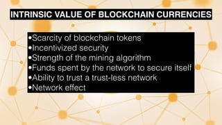 INTRINSIC VALUE OF BLOCKCHAIN CURRENCIES
•Scarcity of blockchain tokens
•Incentivized security
•Strength of the mining algorithm
•Funds spent by the network to secure itself
•Ability to trust a trust-less network
•Network effect
 