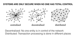 SYSTEMS ARE ONLY SECURE WHEN NO ONE HAS TOTAL CONTROL
Decentralized: No one entity is in control of the network
Distributed: Transaction processing is done in different places
 