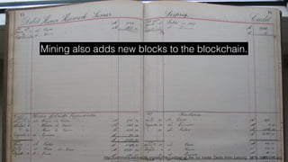 http://commons.wikimedia.org/wiki/File:Ledger_of_the_fur_trader_Dedo_from_Leipzig,_1876-1885_015.jpg
Mining also adds new blocks to the blockchain.
 