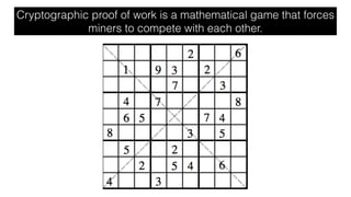 Cryptographic proof of work is a mathematical game that forces
miners to compete with each other.
 