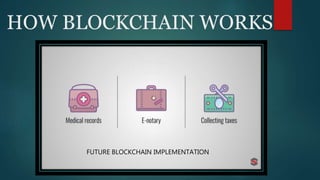 HOW BLOCKCHAIN WORKS
FUTURE BLOCKCHAIN IMPLEMENTATION
 