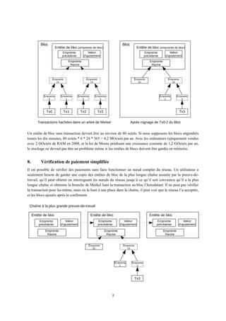 Un entête de bloc sans transaction devrait être au environ de 80 octets. Si nous supposons les blocs engendrés
toutes les dix minutes, 80 octets * 6 * 24 * 365 = 4,2 MOctets par an. Avec les ordinateurs typiquement vendus
avec 2 GOctets de RAM en 2008, et la loi de Moore prédisant une croissance courante de 1,2 GOctets par an,
le stockage ne devrait pas être un problème même si les entêtes de blocs doivent être gardés en mémoire.
8. Vérification de paiement simplifiée
Il est possible de vérifier des paiements sans faire fonctionner un nœud complet du réseau. Un utilisateur a
seulement besoin de garder une copie des entêtes de bloc de la plus longue chaîne assurée par la preuve-de-
travail, qu’il peut obtenir en interrogeant les nœuds du réseau jusqu’à ce qu’il soit convaincu qu’il a la plus
longue chaîne et obtienne la branche de Merkel liant la transaction au bloc l’horodatant. Il ne peut pas vérifier
la transaction pour lui-même, mais en la liant à une place dans la chaîne, il peut voir que le réseau l’a acceptée,
et les blocs ajoutés après le confirment.
5
Tx0 Tx1 Tx2 Tx3
Empreinte
3
Empreinte
2
Empreinte
1
Empreinte
0
Empreinte
01
Empreinte
23
Empreinte
Racine
Empreinte
précédente
Valeur
d'ajustement
Entête de bloc (empreinte de bloc)
Bloc
Tx3
Empreinte
3
Empreinte
2
Empreinte
01
Empreinte
23
Empreinte
Racine
Empreinte
précédente
Valeur
d'ajustement
Entête de bloc (empreinte de bloc)
Bloc
Transactions hachées dans un arbre de Merkel Après rognage de Tx0-2 du Bloc
Empreinte
Racine
Empreinte
précédente
Valeur
d'ajustement
Entête de bloc
Empreinte
Racine
Empreinte
précédente
Valeur
d'ajustement
Entête de bloc
Empreinte
Racine
Empreinte
précédente
Valeur
d'ajustement
Entête de bloc
Tx3
Empreinte
3
Empreinte
2
Empreinte
01
Empreinte
23
Chaîne à la plus grande preuve-de-travail
 