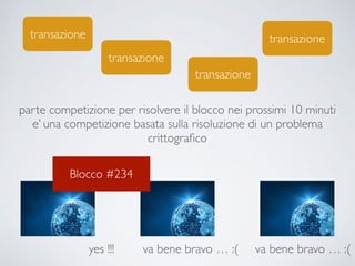 parte competizione per risolvere il blocco nei prossimi 10 minuti
e’ una competizione basata sulla risoluzione di un problema
crittograﬁco
yes !!! va bene bravo … :( va bene bravo … :(
transazione
transazione
transazione
transazione
Blocco #234
 