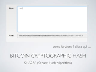BITCOIN CRYPTOGRAPHIC HASH
SHA256 (Secure Hash Algorithm)
come funziona ? clicca qui …
 
