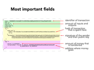 identifier of transaction
amount of inputs and
outputs
hash of transaction
that is spent here
signature of the sender
and their public key
amount of money that
is transferred
address where money
goes
Most important fields
 