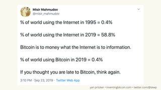 The makers of the Simpsons movie
placed images of Homer Simpson at
the base of escalators. The steps of
the escalator were covered in
pictures of donuts that seemed to
disappear into Homer's gaping
mouth.
yan pritzker • inventingbitcoin.com • twitter.com/@skwp
 