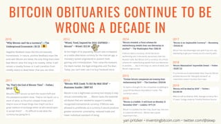 BITCOIN OBITUARIES CONTINUE TO BE
WRONG A DECADE IN
2010
2011
2012
2013
2014
2015
2016
2017
2018
2019
yan pritzker • inventingbitcoin.com • twitter.com/@skwp
 