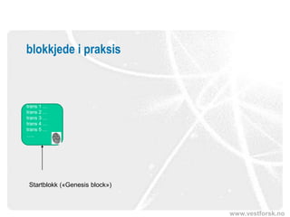 www.vestforsk.no
blokkjede i praksis
trans 1 …
trans 2 …
trans 3 …
trans 4 …
trans 5 …
…..
Startblokk («Genesis block»)
 
