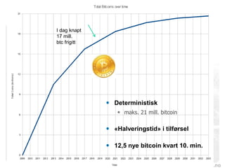 www.vestforsk.no
I dag knapt
17 mill.
btc frigitt
 Deterministisk
 maks. 21 mill. bitcoin
 «Halveringstid» i tilførsel
 12,5 nye bitcoin kvart 10. min.
 