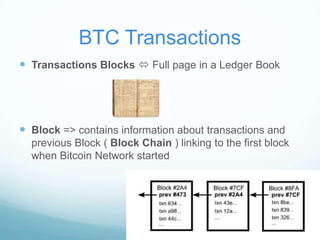 BTC Transactions
 Transactions Blocks  Full page in a Ledger Book

 Block => contains information about transactions and
previous Block ( Block Chain ) linking to the first block
when Bitcoin Network started

 