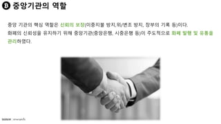 중앙기관의 역할
중앙 기관의 핵심 역할은 신뢰의 보장(이중지불 방지,위/변조 방지, 장부의 기록 등)이다.
화폐의 신뢰성을 유지하기 위해 중앙기관(중앙은행, 시중은행 등)이 주도적으로 화폐 발행 및 유통을
관리하였다.
 