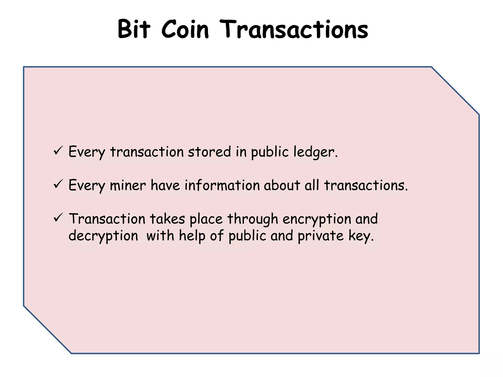 Bit Coin Transactions
Every transaction stored in public ledger.
Every miner have information about all transactions.
Transaction takes place through encryption and
decryption with help of public and private key.