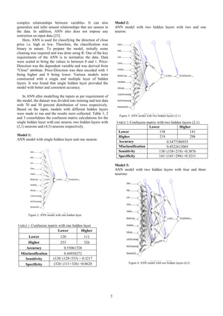 3
complex relationships between variables. It can also
generalize and infer unseen relationships that are unseen in
the data. In addition, ANN also does not impose any
restriction on input data [23].
Here, ANN is used for classifying the direction of close
price i.e. high or low. Therefore, the classification was
binary in nature. To prepare the model, initially some
cleaning was required and was done using R. One of the key
requirements of the ANN is to normalize the data. Data
were scaled to bring the values in between 0 and 1. Price-
Direction was the dependent variable and was derived from
"Close" attribute. Price-Direction was then encoded with 1
being higher and 0 being lower. Various models were
constructed with a single and multiple layer of hidden
layers. It was found that single hidden layer provided the
model with better and consistent accuracy.
In ANN after modelling the inputs as per requirement of
the model, the dataset was divided into training and test data
with 70 and 30 percent distribution of rows respectively.
Based on the input, models with different hidden layers
were made to run and the results were collected. Table 1, 2
and 3 consolidates the confusion matrix calculations for the
single hidden layer with one neuron, two hidden layers with
(2,1) neurons and (4,3) neurons respectively.
Model 1:
ANN model with single hidden layer and one neuron:
TABLE 1: Confusion matrix with one hidden layer
Lower Higher
Lower 120 111
Higher 253 326
Accuracy 0.55061728
Misclassification 0.44938272
Sensitivity (120/ (120+253) = 0.3217
Specificity (326/ (111+326) =0.8624
Model 2:
ANN model with two hidden layers with two and one
neuron:
TABLE 2: Confusion matrix with two hidden layers (2,1)
Lower Higher
Lower 138 141
Higher 219 298
Accuracy 0.5477386935
Misclassification 0.4522613065
Sensitivity 138/ (138+219) =0.3876
Specificity 141/ (141+298) =0.3211
Model 3:
ANN model with two hidden layers with four and three
neurons:
Figure 2: ANN model with one hidden layer
Figure 4: ANN model with two hidden layers (4,3)
Figure 3: ANN model with two hidden layers (2,1)
 