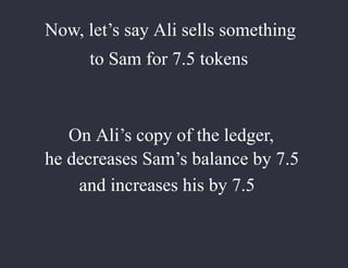 Now, let’s say Ali sells something
to Sam for 7.5 tokens
On Ali’s copy of the ledger,
he decreases Sam’s balance by 7.5
and increases his by 7.5
 