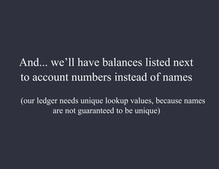 And... we’ll have balances listed next
to account numbers instead of names
(our ledger needs unique lookup values, because names
are not guaranteed to be unique)
 