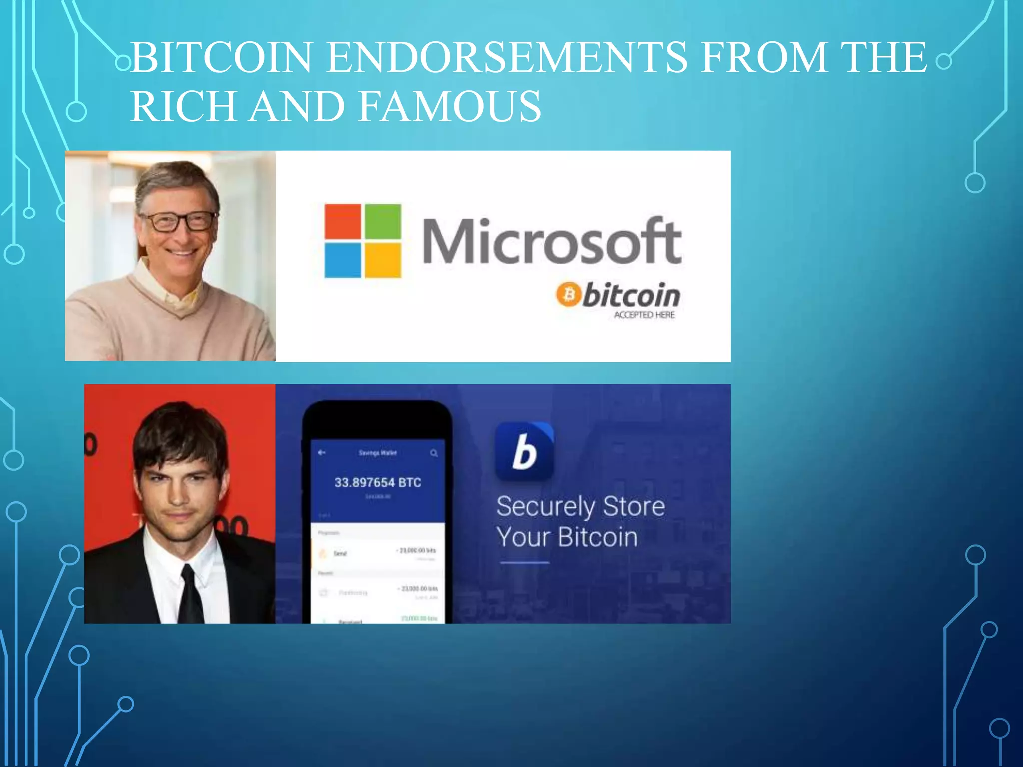 BITCOIN ENDORSEMENTS FROM THE
RICH AND FAMOUS
 