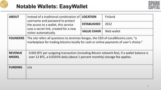 Notable Wallets: EasyWallet
ABOUT

Instead of a traditional combination of LOCATION
username and password to protect
ESTABLISHED
the access to a wallet, this service
uses a secret link, created for a new
VALUE CHAIN
visitor automatically.

Finland

2012
Web wallet

FOUNDERS The site refers all questions to Jeremias Kangas, the CEO of LocalBitcoins.com, “a
marketplace for trading bitcoins locally for cash or online payments of user’s choice.”
REVENUE
MODEL
FUNDING

0.003 BTC per outgoing transaction (including Bitcoin network fee); if a wallet balance is
over 12 BTC, a 0.0335% daily (about 1 percent monthly) storage fee applies.
n/a

15

 