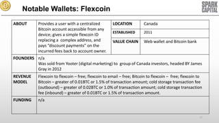 Notable Wallets: Flexcoin
ABOUT

Provides a user with a centralized
Bitcoin account accessible from any
device; gives a simple flexcoin ID
replacing a complex address, and
pays “discount payments” on the
incurred fees back to account owner.

LOCATION

Canada

ESTABLISHED

2011

VALUE CHAIN

Web wallet and Bitcoin bank

FOUNDERS n/a
Was sold from Yooter (digital marketing) to group of Canada investors, headed BY James
Gray in 2012
REVENUE
MODEL

Flexcoin to flexcoin – free; flexcoin to email – free; Bitcoin to flexcoin – free; flexcoin to
Bitcoin – greater of 0.01BTC or 1.5% of transaction amount; cold storage transaction fee
(outbound) – greater of 0.02BTC or 1.0% of transaction amount; cold storage transaction
fee (inbound) – greater of 0.01BTC or 1.5% of transaction amount.

FUNDING

n/a

17

 