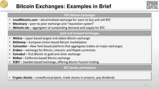 Bitcoin Exchanges: Examples in Brief
OTC BitCoin Exchanges
• LocalBitcoins.com – decentralized exchange for users to buy and sell BTC
• Bitcoinary – peer-to-peer exchange and “reputation system”
• #bitcoin-otc – aggregator of outstanding demand and supply for BTC

Spot and Forward Exchanges
•
•
•
•
•
•
•

MtGox – Japan based largest and oldest Bitcoin exchange
BitStamp – European Union based Bitcoin marketplace
Coinsetter – New York based platform that aggregates trades on major exchanges
Kraken – exchange for Bitcoin, Litecoin, and Ripple currencies
Coinabul – first Bitcoin to gold and silver exchange
BitBox – California-based Bitcoin exchange
ICBIT – Sweden based exchange, offering Bitcoin futures trading
BTC Stocks and Options

• Crypto::Stocks – crowdfund projects, trade shares in projects, pay dividends
31

 