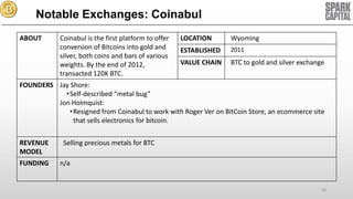 Notable Exchanges: Coinabul
ABOUT

Coinabul is the first platform to offer
conversion of Bitcoins into gold and
silver, both coins and bars of various
weights. By the end of 2012,
transacted 120K BTC.

LOCATION

Wyoming

ESTABLISHED

2011

VALUE CHAIN

BTC to gold and silver exchange

FOUNDERS Jay Shore:
•Self-described “metal bug”
Jon Holmquist:
•Resigned from Coinabul to work with Roger Ver on BitCoin Store, an ecommerce site
that sells electronics for bitcoin.
REVENUE
MODEL
FUNDING

Selling precious metals for BTC
n/a

39

 