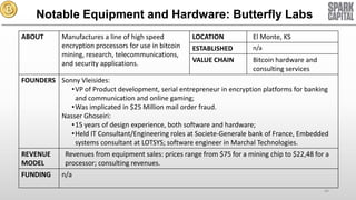 Notable Equipment and Hardware: Butterfly Labs
ABOUT

Manufactures a line of high speed
encryption processors for use in bitcoin
mining, research, telecommunications,
and security applications.

LOCATION

El Monte, KS

ESTABLISHED

n/a

VALUE CHAIN

Bitcoin hardware and
consulting services

FOUNDERS Sonny Vleisides:
•VP of Product development, serial entrepreneur in encryption platforms for banking
and communication and online gaming;
•Was implicated in $25 Million mail order fraud.
Nasser Ghoseiri:
•15 years of design experience, both software and hardware;
•Held IT Consultant/Engineering roles at Societe-Generale bank of France, Embedded
systems consultant at LOTSYS; software engineer in Marchal Technologies.
REVENUE
MODEL
FUNDING

Revenues from equipment sales: prices range from $75 for a mining chip to $22,48 for a
processor; consulting revenues.
n/a
46

 
