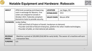 Notable Equipment and Hardware: Robocoin
ABOUT

ATM kiosk accepting and dispensing
cash in exchange for Bitcoins. First
orders are shipped to Canada in
October 2013. Federally compliant
biometrics locks to provide security.

LOCATION

Las Vegas, NV

ESTABLISHED

2013

VALUE CHAIN

Bitcoin ATM

FOUNDERS Jordan Kelley:
•CEO and Chief of Product of Handii, handyman on demand;
•Founder and CEO of Decent Enterprise, platform for other mobile technologies;
•Founder of jobbi, an international job website.

REVENUE
MODEL
FUNDING

Machine is priced at $20,000 ($18,500 for early birds). The owner of a machine will earn
transaction fees.
n/a

50

 
