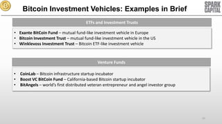 Bitcoin Investment Vehicles: Examples in Brief
ETFs and Investment Trusts
• Exante BitCoin Fund – mutual fund-like investment vehicle in Europe
• Bitcoin Investment Trust – mutual fund-like investment vehicle in the US
• Winklevoss Investment Trust – Bitcoin ETF-like investment vehicle

Venture Funds
• CoinLab – Bitcoin infrastructure startup incubator
• Boost VC BitCoin Fund – California-based Bitcoin startup incubator
• BitAngels – world’s first distributed veteran entrepreneur and angel investor group

55

 