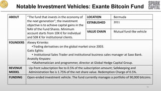 Notable Investment Vehicles: Exante Bitcoin Fund
ABOUT

“The fund that invests in the economy of
the next generation”; the investment
objective is to achieve capital gains in the
NAV of the Fund Shares. Minimum
account starts from 10K € for individual
and 50K € for institutional clients.

LOCATION

Bermuda

ESTABLISHED

2011

VALUE CHAIN

Mutual fund-like vehicle

FOUNDERS Alexey Kirienko:
•Trading derivatives on the global market since 2003.
Gatis Eglitis:
• Institutional Sales Trader and institutional business sales manager at Saxo Bank.
Anatoliy Knyazev:
•Mathematician and programmer, director at Global Hedge Capital Group.
REVENUE
MODEL
FUNDING

Up-front subscription fee to 0.5% of the subscription amount; Safekeeping and
Administration fee is 1.75% of the net share value. Redemption Charge of 0.5%.
Open-ended investment vehicle. The fund currently manages a portfolio of 90,000 bitcoins.
56

 
