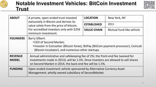 Notable Investment Vehicles: BitCoin Investment
Trust
ABOUT

FOUNDERS

REVENUE
MODEL
FUNDING

A private, open-ended trust invested
exclusively in Bitcoin and derives its
value solely from the price of bitcoin.
For accredited investors only with $25K
minimum investment.

LOCATION

New York, NY

ESTABLISHED

2013

VALUE CHAIN

Mutual fund-like vehicle

Barry Silbert:
• CEO of Second Market;
• Investor in Coinsetter (Bitcoin forex), BitPay (BitCoin payment processor), CoinLab
(Bitcoin incubator), and numerous other startups.
Annual administrative and safekeeping fee of 2%; the front-end fee (waived for
investments made in 2013), will be 1.5%. Once investors are allowed to sell shares
on Second Market in 2014, the back-end fee will be 1.5%.
Open-ended investment vehicle sponsored by Alternative Currency Asset
Management, wholly owned subsidiary of SecondMarket.
57

 