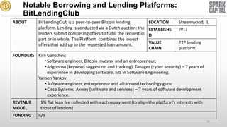 Notable Borrowing and Lending Platforms:
BitLendingClub
ABOUT

BitLendingClub is a peer-to-peer Bitcoin lending
platform. Lending is conducted via a Dutch auction: the
lenders submit competing offers to fulfill the request in
part or in whole. The Platform combines the lowest
offers that add up to the requested loan amount.

LOCATION

Streamwood, IL

ESTABLISHE
D

2012

VALUE
CHAIN

P2P lending
platform

FOUNDERS Kiril Gantchev:
•Software engineer, Bitcoin investor and an entrepreneur;
•Adgooroo (keyword suggestion and tracking), Tanager (cyber security) – 7 years of
experience in developing software, MS in Software Engineering.
Yansen Yankov:
• Software engineer, entrepreneur and all-around technology guru;
• Cisco Systems, Axway (software and services) – 7 years of software development
experience.
REVENUE
MODEL
FUNDING

1% flat loan fee collected with each repayment (to align the platform’s interests with
those of lenders)
n/a
66

 