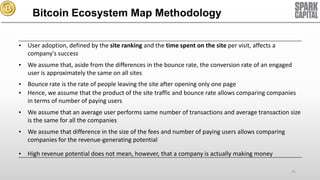 Bitcoin Ecosystem Map Methodology
• User adoption, defined by the site ranking and the time spent on the site per visit, affects a
company's success
• We assume that, aside from the differences in the bounce rate, the conversion rate of an engaged
user is approximately the same on all sites
• Bounce rate is the rate of people leaving the site after opening only one page
• Hence, we assume that the product of the site traffic and bounce rate allows comparing companies
in terms of number of paying users
• We assume that an average user performs same number of transactions and average transaction size
is the same for all the companies
• We assume that difference in the size of the fees and number of paying users allows comparing
companies for the revenue-generating potential
• High revenue potential does not mean, however, that a company is actually making money
75

 