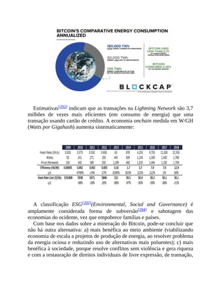 Estimativas[292] indicam que as transações na Lightning Network são 3,7
milhões de vezes mais eficientes (em consumo de energia) que uma
transação usando cartão de crédito. A economia onchain medida em W/GH
(Watts por Gigahash) aumenta sistematicamente:
A classificação ESG[293](Environmental, Social and Governance) é
amplamente considerada forma de subversão[294] e sabotagem das
economias do ocidente, vez que empobrece famílias e países.
Com base nos dados sobre a mineração do Bitcoin, pode-se concluir que
não há outra alternativa: a) mais benéfica ao meio ambiente (viabilizando
economia de escala a projetos de produção de energia, ao resolver problema
da energia ociosa e reduzindo uso de alternativas mais poluentes); c) mais
benéfica à sociedade, porque resolve conflitos sem violência e gera riqueza
e com a restauração de direitos individuais de livre expressão, de transação,
 
