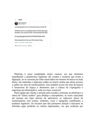 Phishing é outra modalidade muito comum, em que domínios
semelhantes a plataformas legítimas são criados e usuários que erram a
digitação, ou os acessam por links anunciados em motores de busca ou mala
direta, são induzidos a depositar saldos ou inserir senhas que deem acessos
a saldos em sites de estelionatários. Isso também ocorre em sites de bancos
e financeiras do legacy e demonstra que a cultura da criptografia e
segurança da informação é, cada vez mais, essencial.
Outro golpe que chama a atenção pela ousadia e próximo ao phishing é a
oferta de “falsas wallets” para desktop e smartphones, às vezes colocando
até mesmo nas lojas oficiais de aplicativos os softwares falsos de
estelionatários com nomes, símbolos, cores e tipografia semelhantes a
produtos legítimos. Os incautos que não prestarem atenção e baixarem os
referidos apps perderão os valores depositados, vez que acabarão por
 